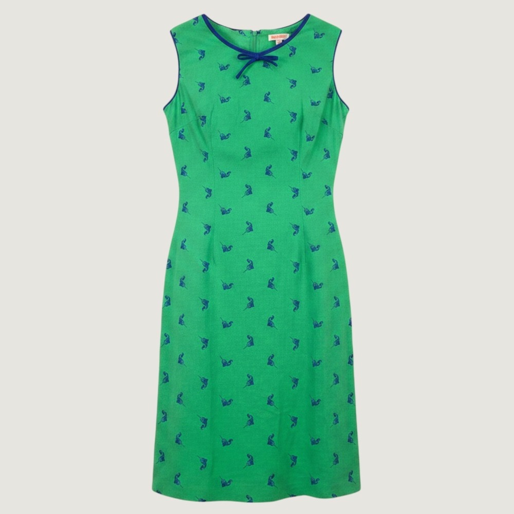 VTG House of Lords Shift Dress Womens Green Narwhal Print Sleeveless Mod Retro
